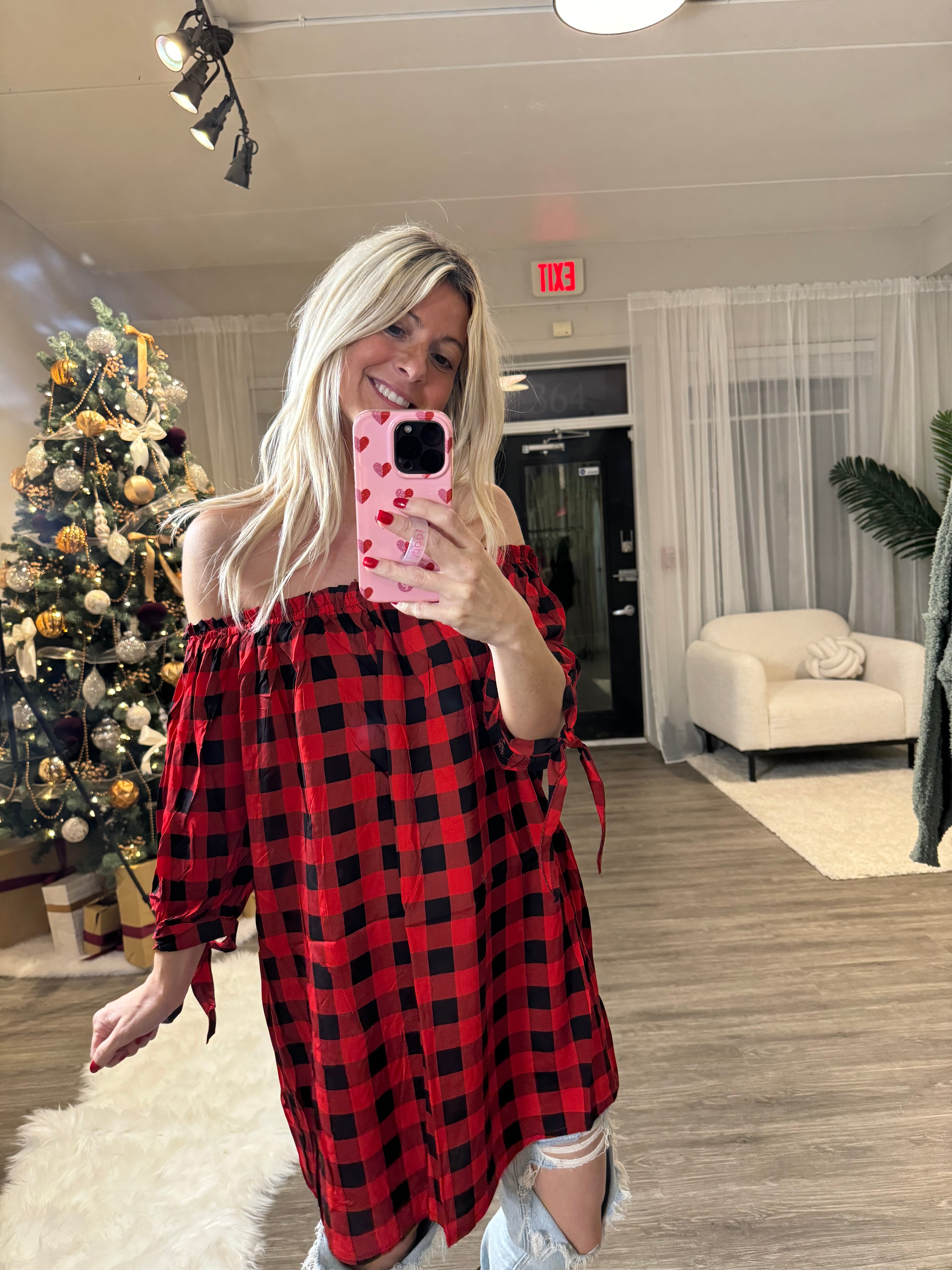 Plaid Sara Off The Shoulder Tunic